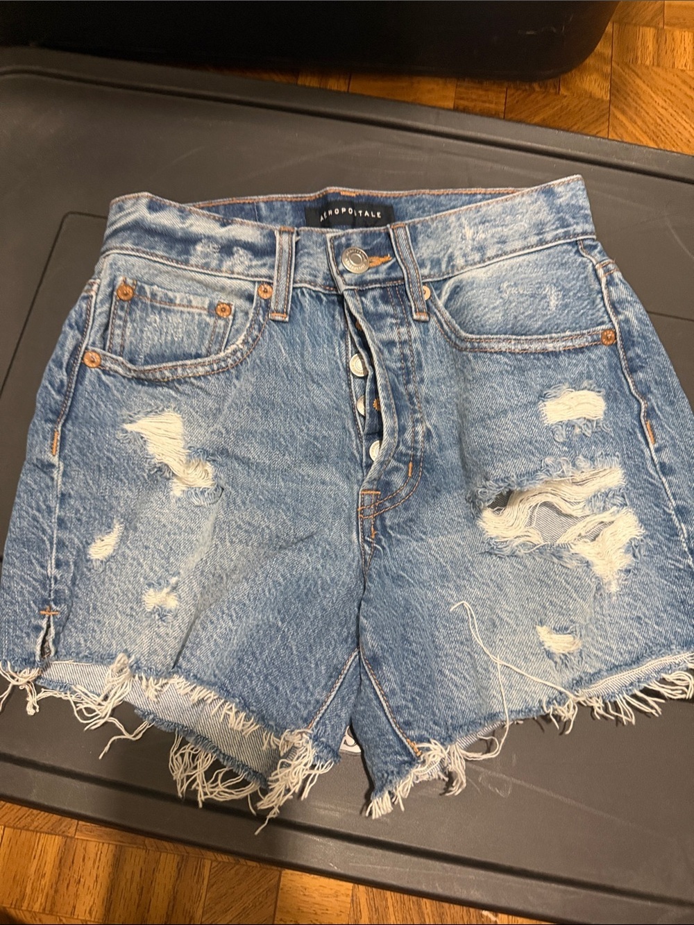 Abercrombie & Fitch Distressed High-Rise Jean Shorts - Light Blue Denim - Picture 4 of 4